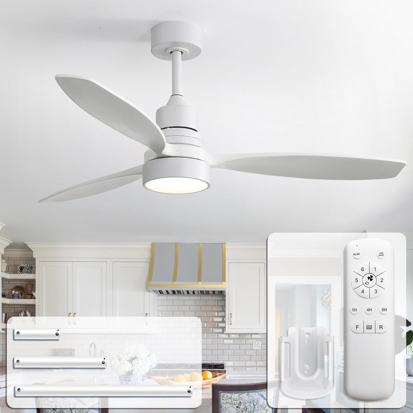 CACI Mall 52 Inch White Wood Ceiling Fan with Lights for Home