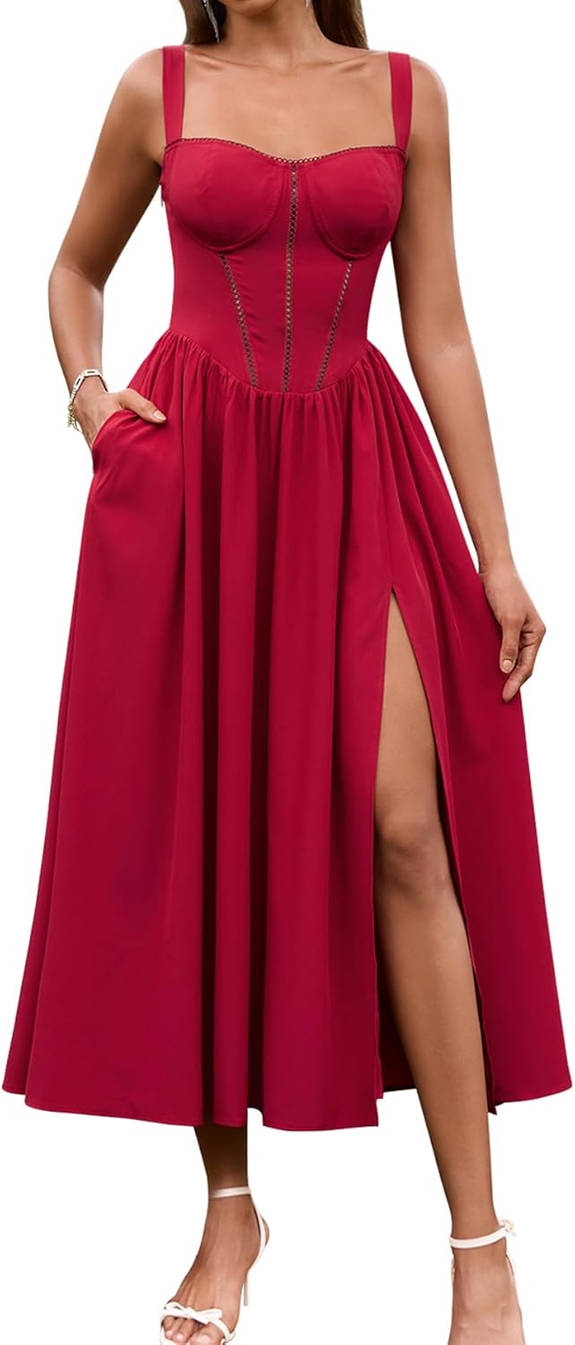 Floral Corset Midi Dress with Pockets for Summer Weddings