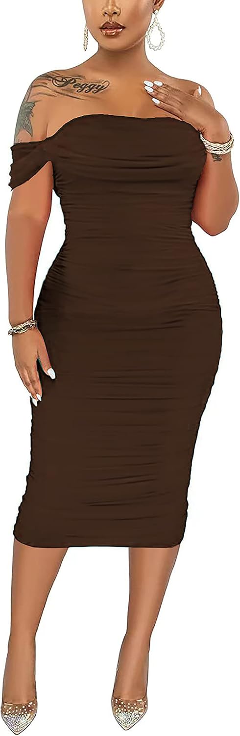 Women's Sexy Off Shoulder Bodycon Ruched Midi Dress for Parties