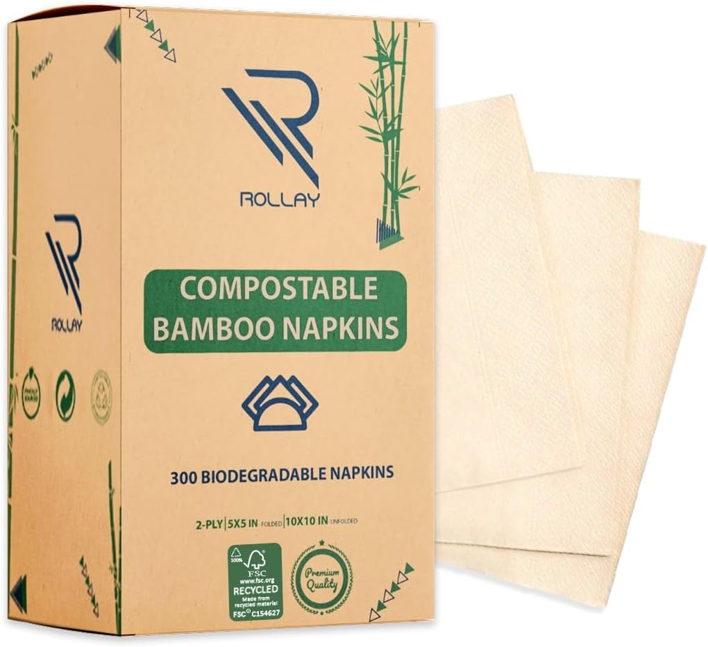300 FSC Certified Bamboo Napkins - Eco-Friendly Biodegradable 2-Ply - Rollay