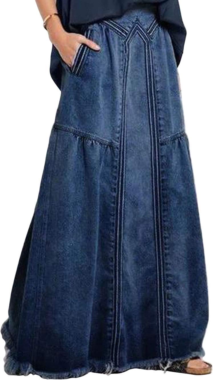 ebossy Women's Casual Elastic Waist Frayed Hem Maxi Skirt