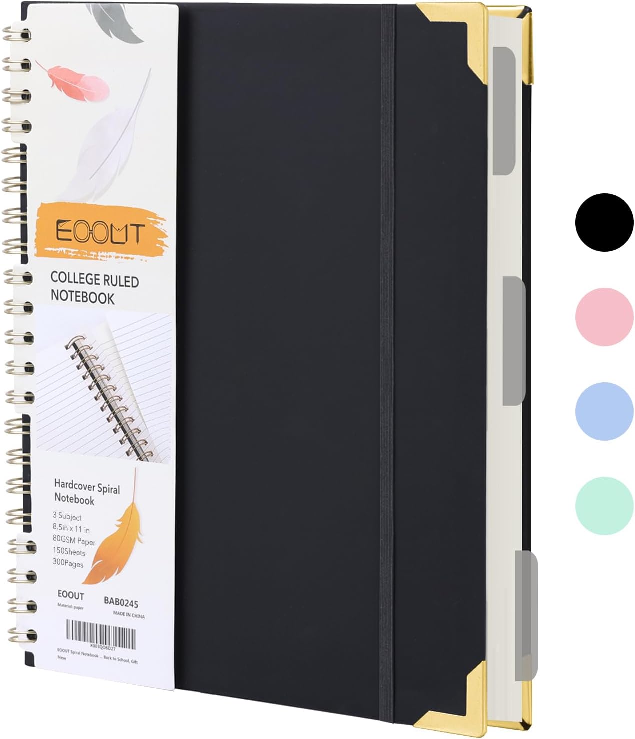 300 Pages Leather Spiral Notebook for Work/School - Black