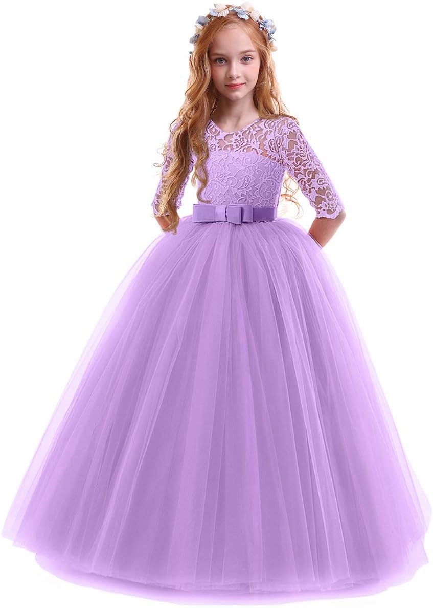 Girls Flower Vintage Floral Lace 3/4 Sleeves Dress for Parties
