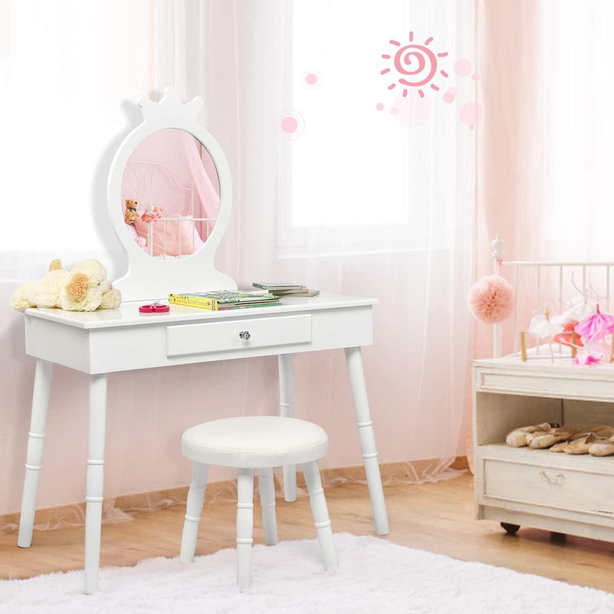 Costzon Kids Vanity Set with Cushioned Stool and Crown Mirror