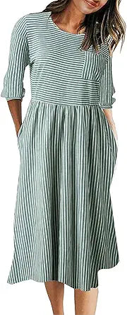 MEROKEETY Women's 3/4 Balloon Sleeve Striped Midi Dress with Pockets