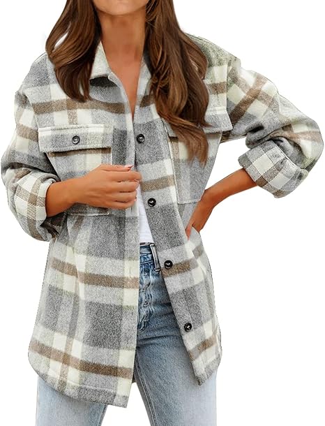 BTFBM Women's Long Sleeve Plaid Flannel Oversized Shacket