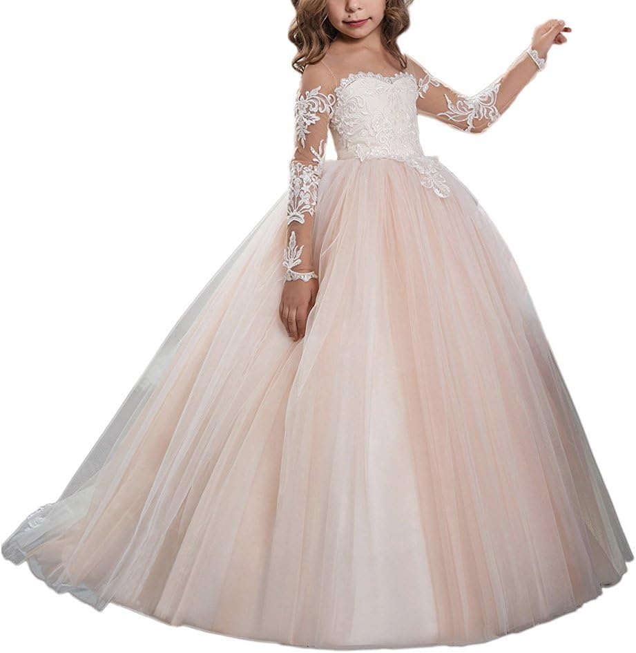 Abaowedding Lace Embroidery Sheer Long Sleeves Kids Gowns