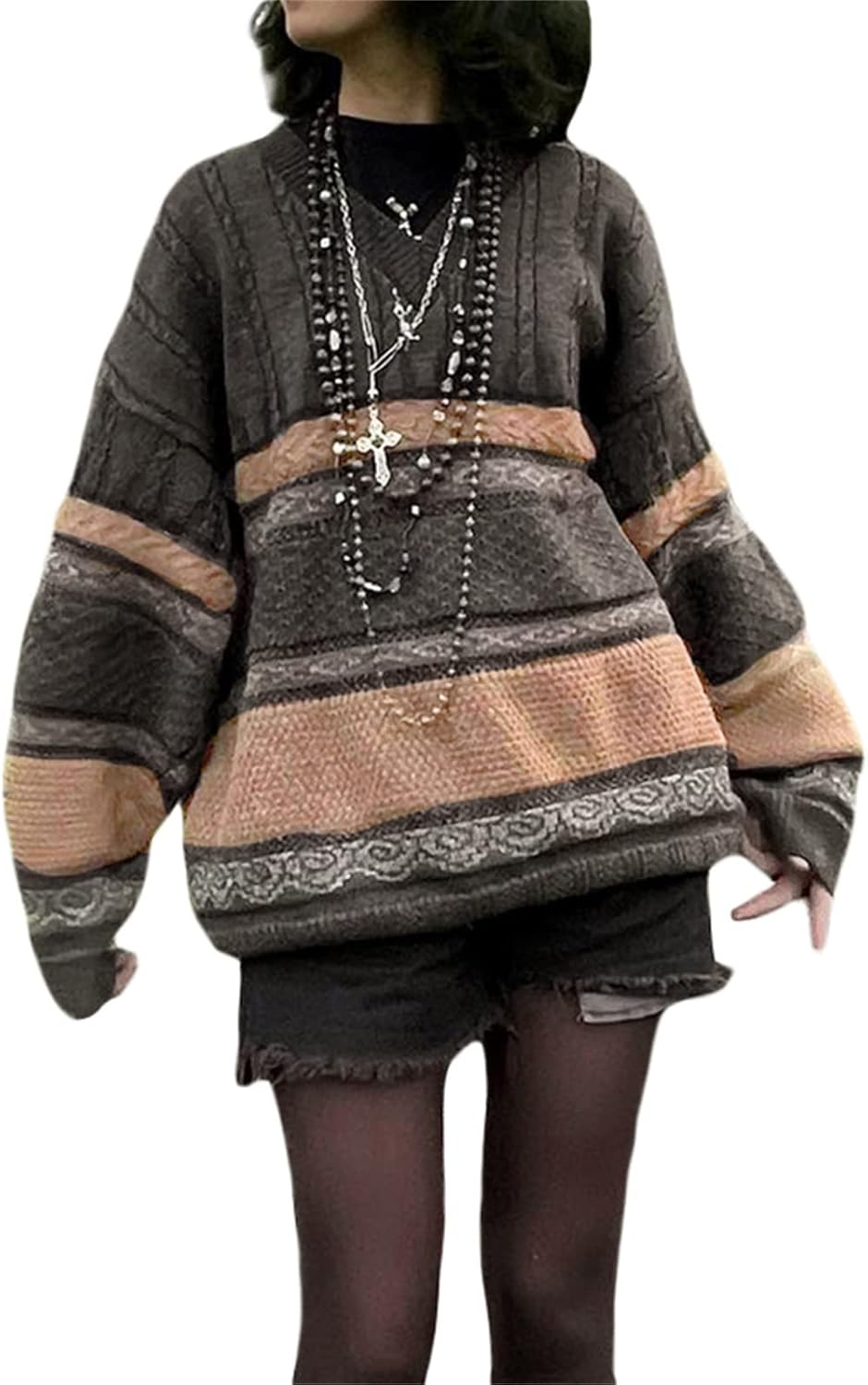 Women Y2K Argyle Striped Pullover Sweater for Vintage Style