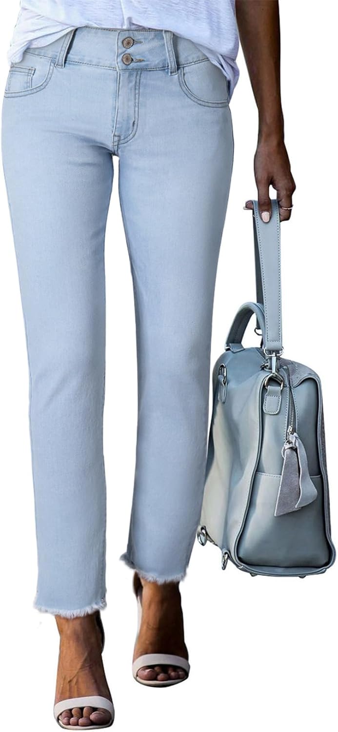 High Waisted Raw Hem Straight Leg Jeans for Women - Stylish Fit