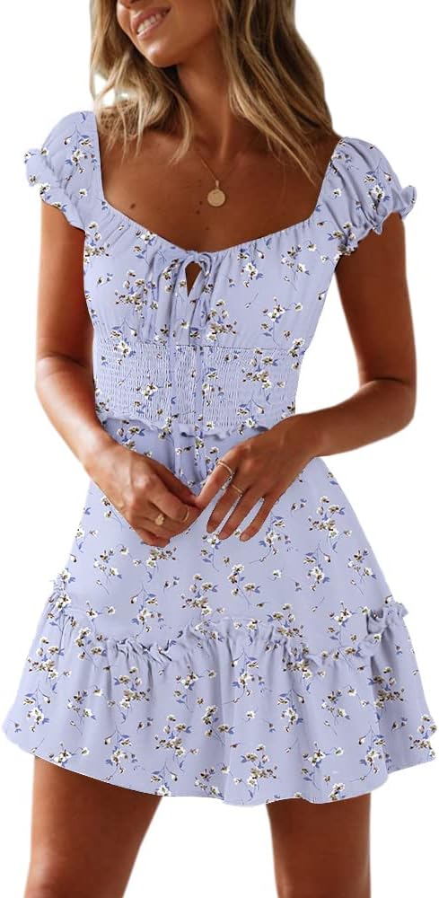 YOBECHO Womens Summer Ruffle Sleeve Sweetheart Neckline Dress