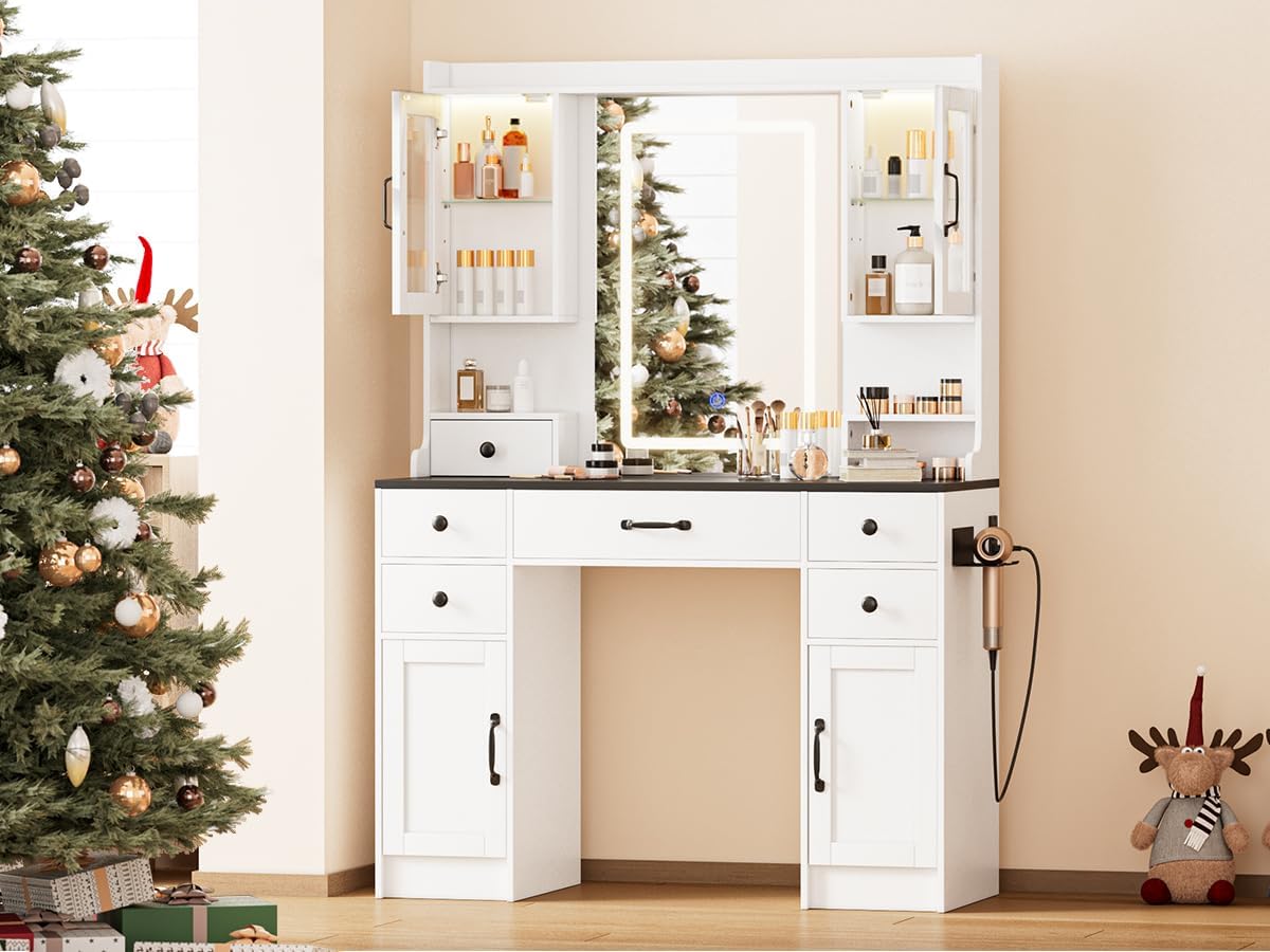 NUNU LAB 42 Vanity Desk: 6 Drawers, 4 Cabinets, Power Outlet, 3-Color Lights!