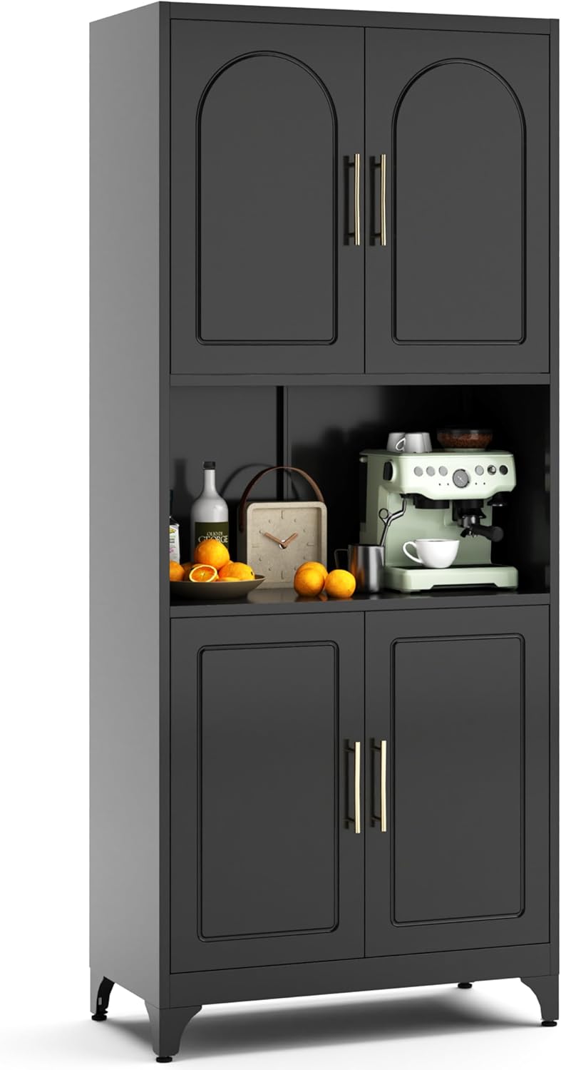 Kubohogar 75 Tall Black Pantry Cabinet - Adjustable Shelves, 4 Doors