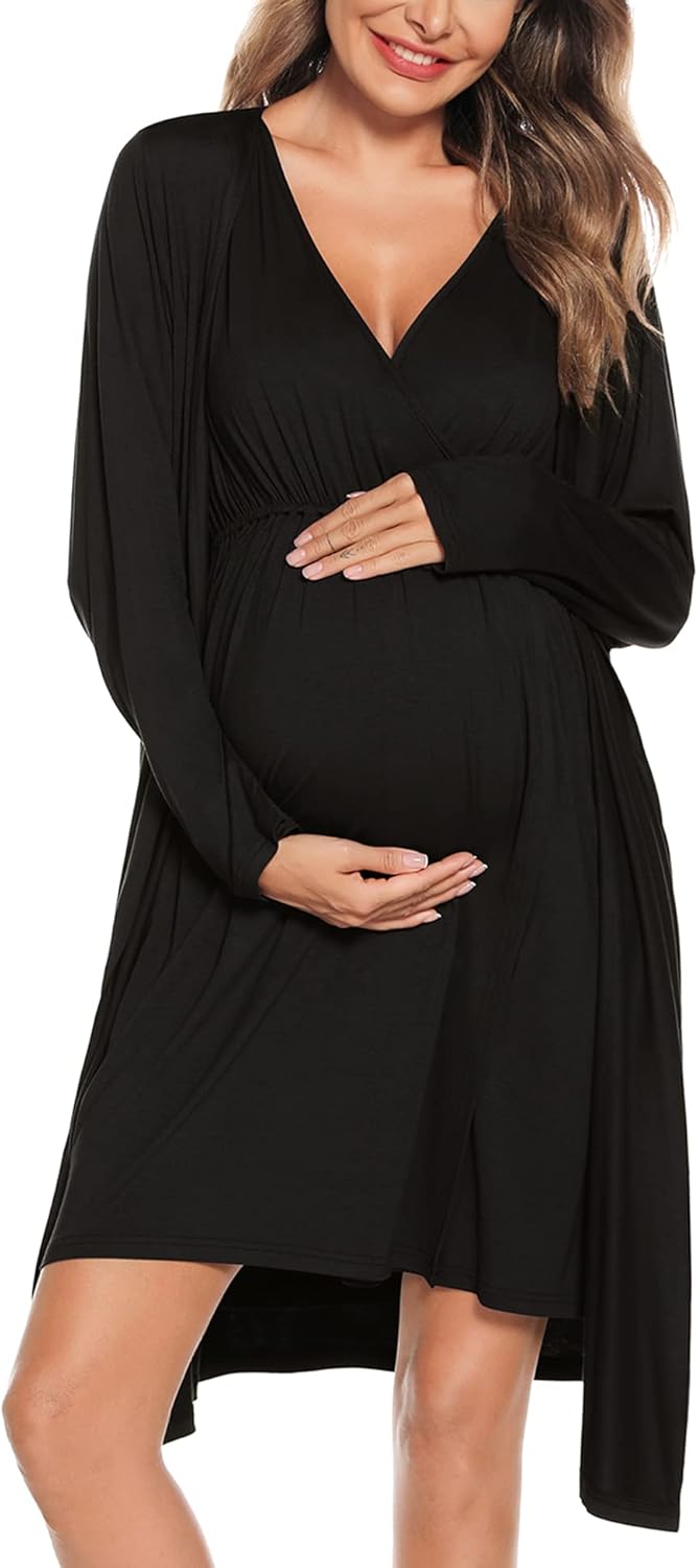 SWOMOG Women Maternity Nursing Gown and Robe Set for Comfort