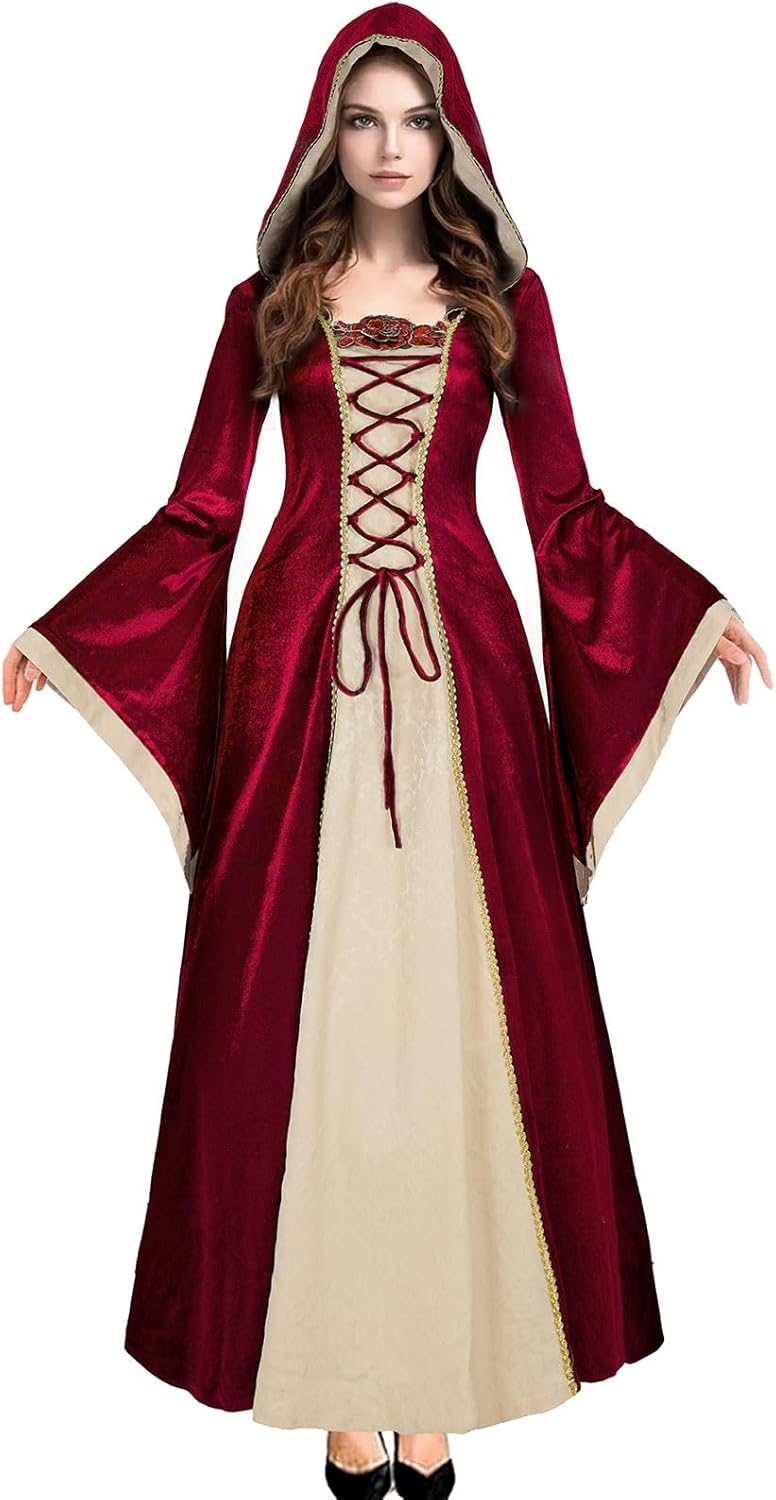 Medieval Renaissance Hooded Velvet Queen Dress for Women