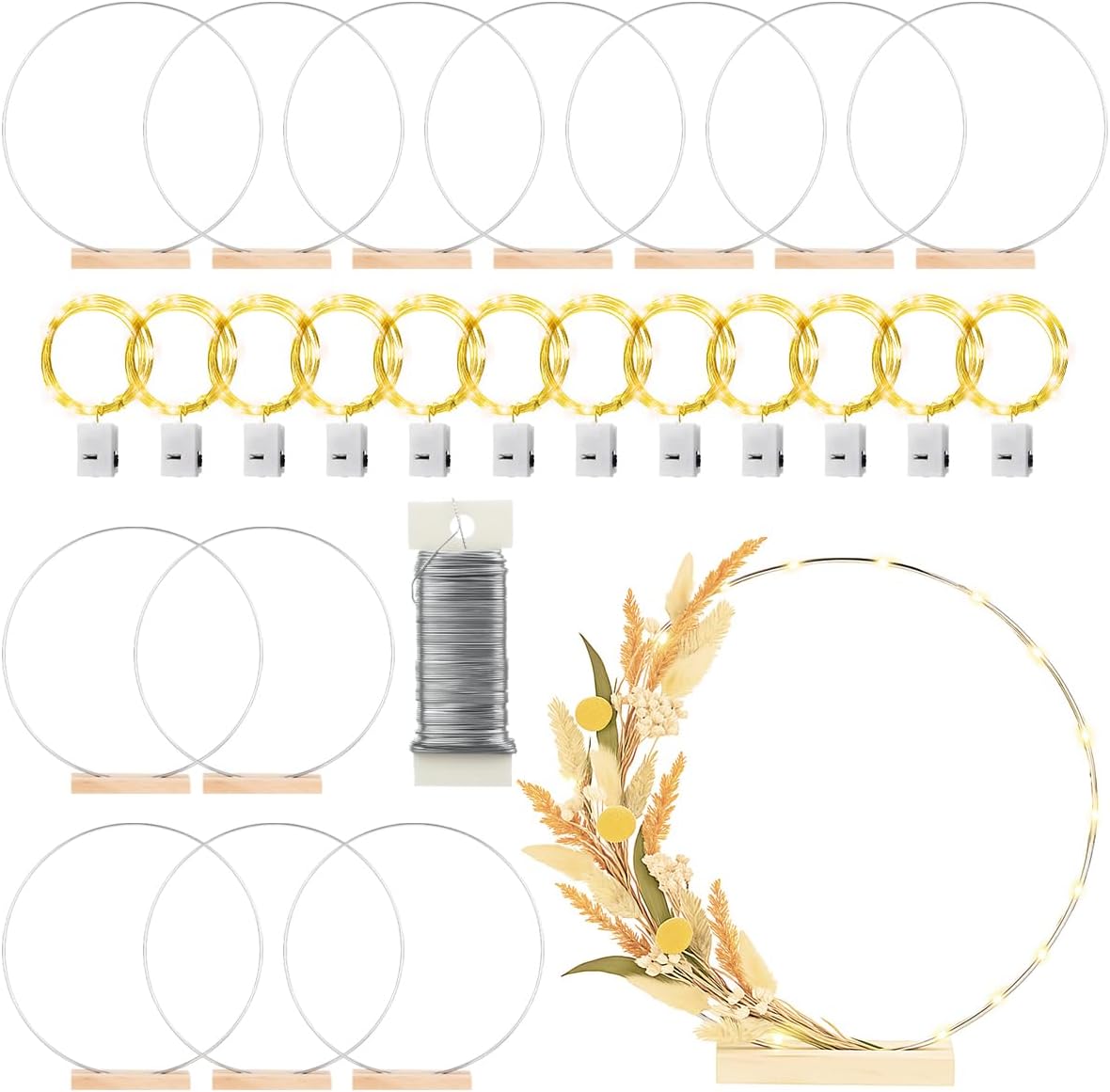 12 Pack Floral Hoop with Stand and LED Fairy Lights for Crafts