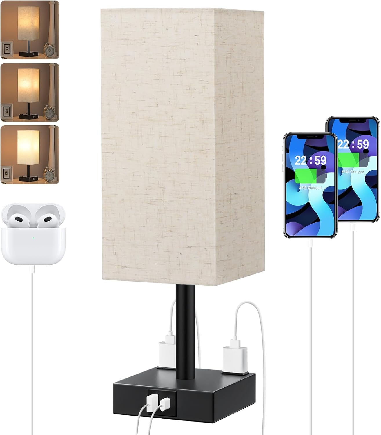 Touch Bedside Table Lamp with USB Ports and Dimmable Light