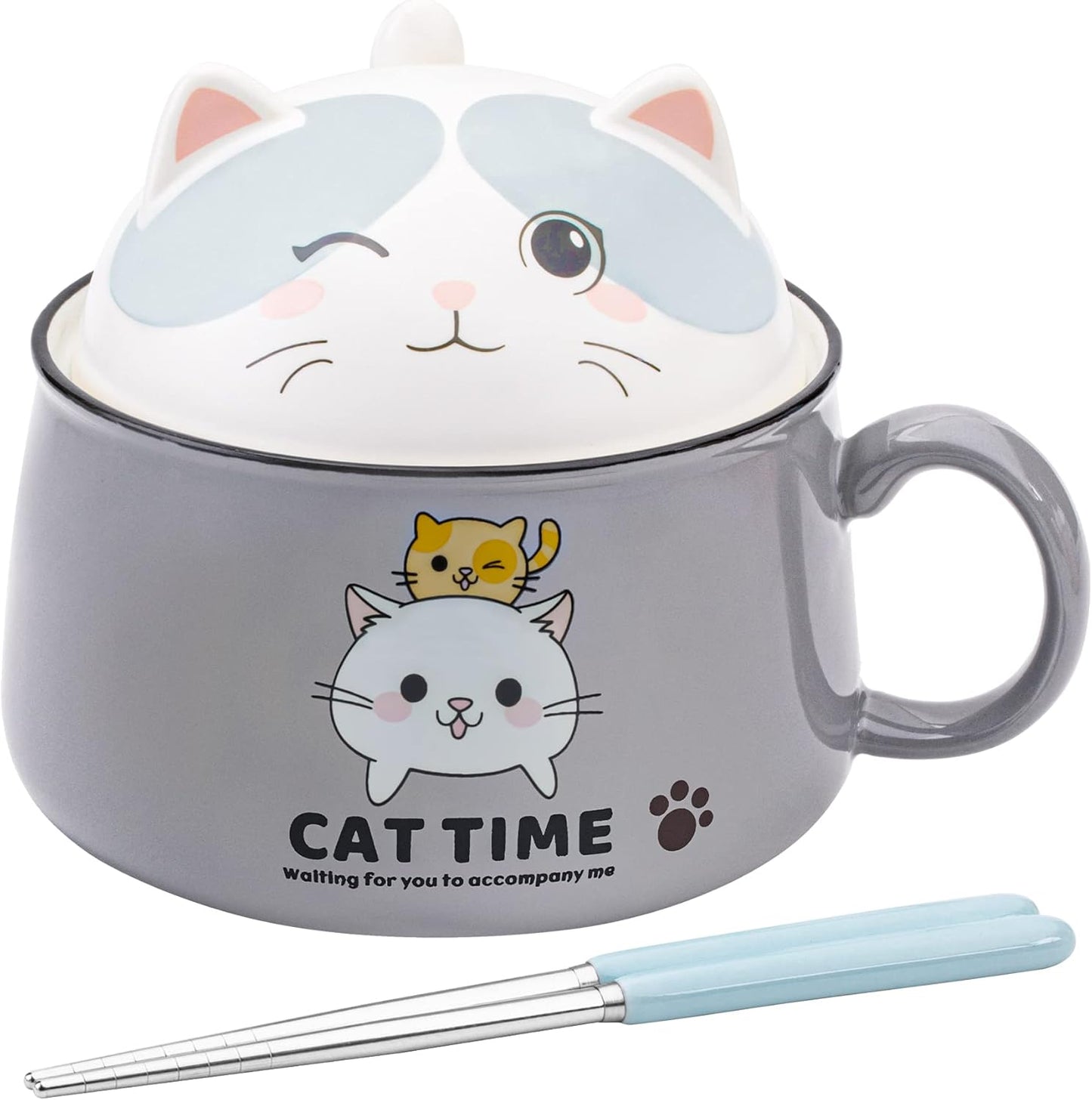 Cute Cat Ramen Bowl Set - 34.5 OZ Extra Large Ceramic