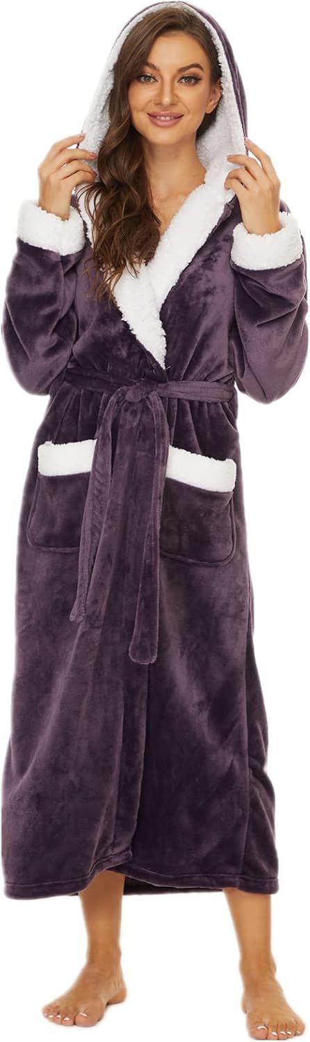 Iniber Plush Robes for Women - Soft Warm Fleece Hooded Bathrobe