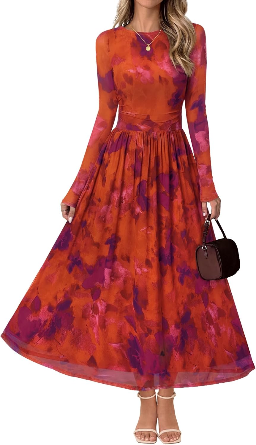 MEROKEETY Women's Long Sleeve Floral Maxi Dress for Fall Events
