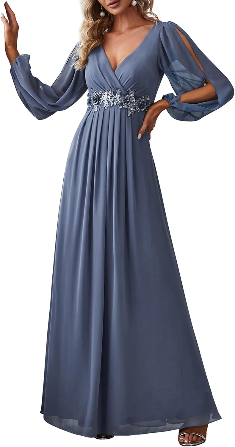 Elegant V Neck Long Lantern Sleeve Floor Length Dress