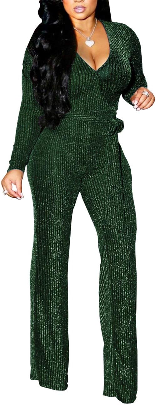LightlyKiss Women Casual Sexy V Neck Sparkly Jumpsuits for Parties