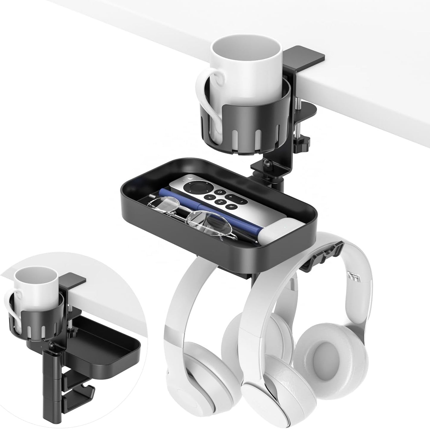 Rotating Cup Holder & Headphone Hook - Hidden Storage Desk Clamp