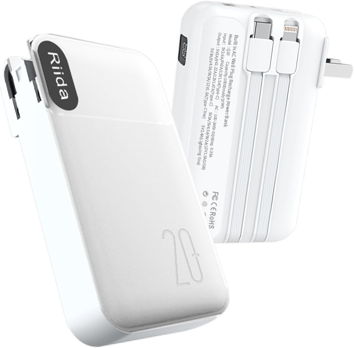riida 20000mAh Portable Charger | Fast 22.5W Charging | Built-in Cables & AC Plug