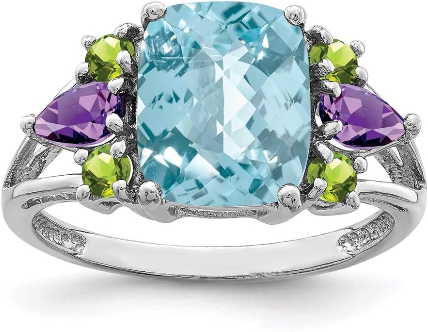 925 Sterling Silver Light Swiss Blue Topaz Amethyst Peridot Ring
