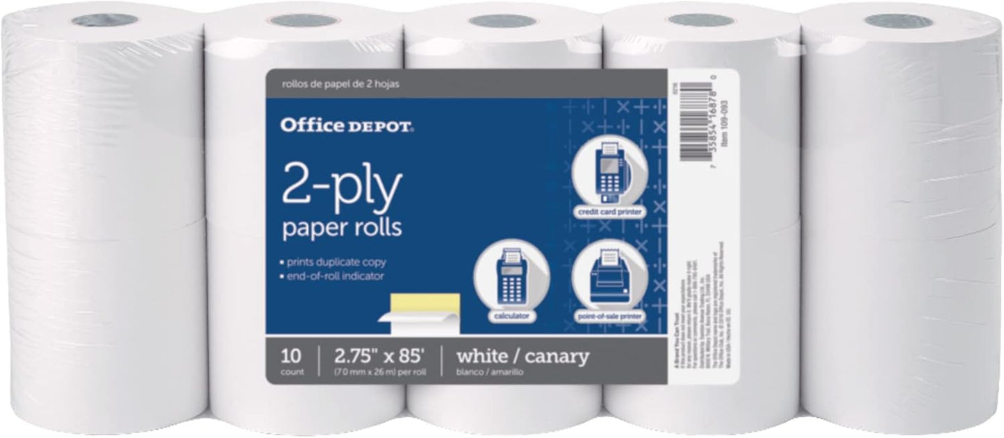 Office Depot 2-Ply Paper Rolls - High Quality in Canary/White, Pack of 10