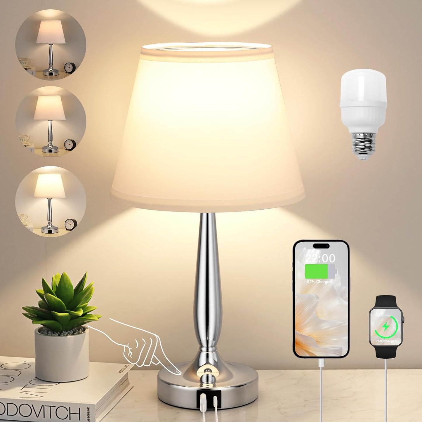 Kakanuo Touch Table Lamp with USB Charging for Bedroom Use