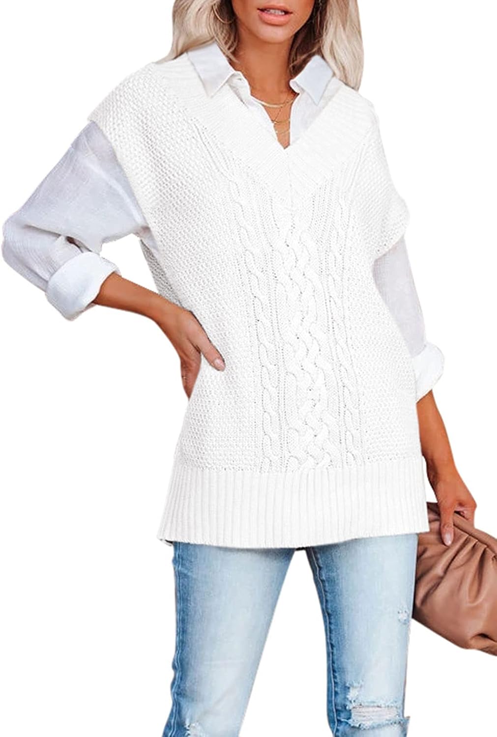 Viottiset Women's Oversized V Neck Knit Sweater Vest Tunic