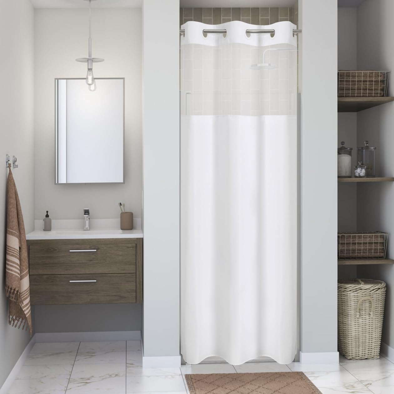 Stall No Hooks Needed White Shower Curtain with Snap-in Liner