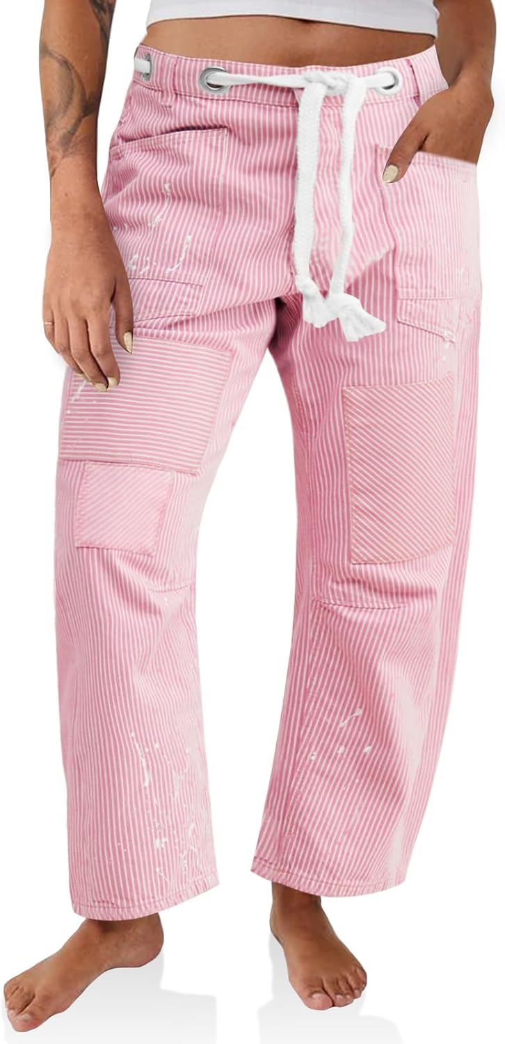 PLNOTME Womens Baggy Barrel Horseshoe Jeans for Trendy Style