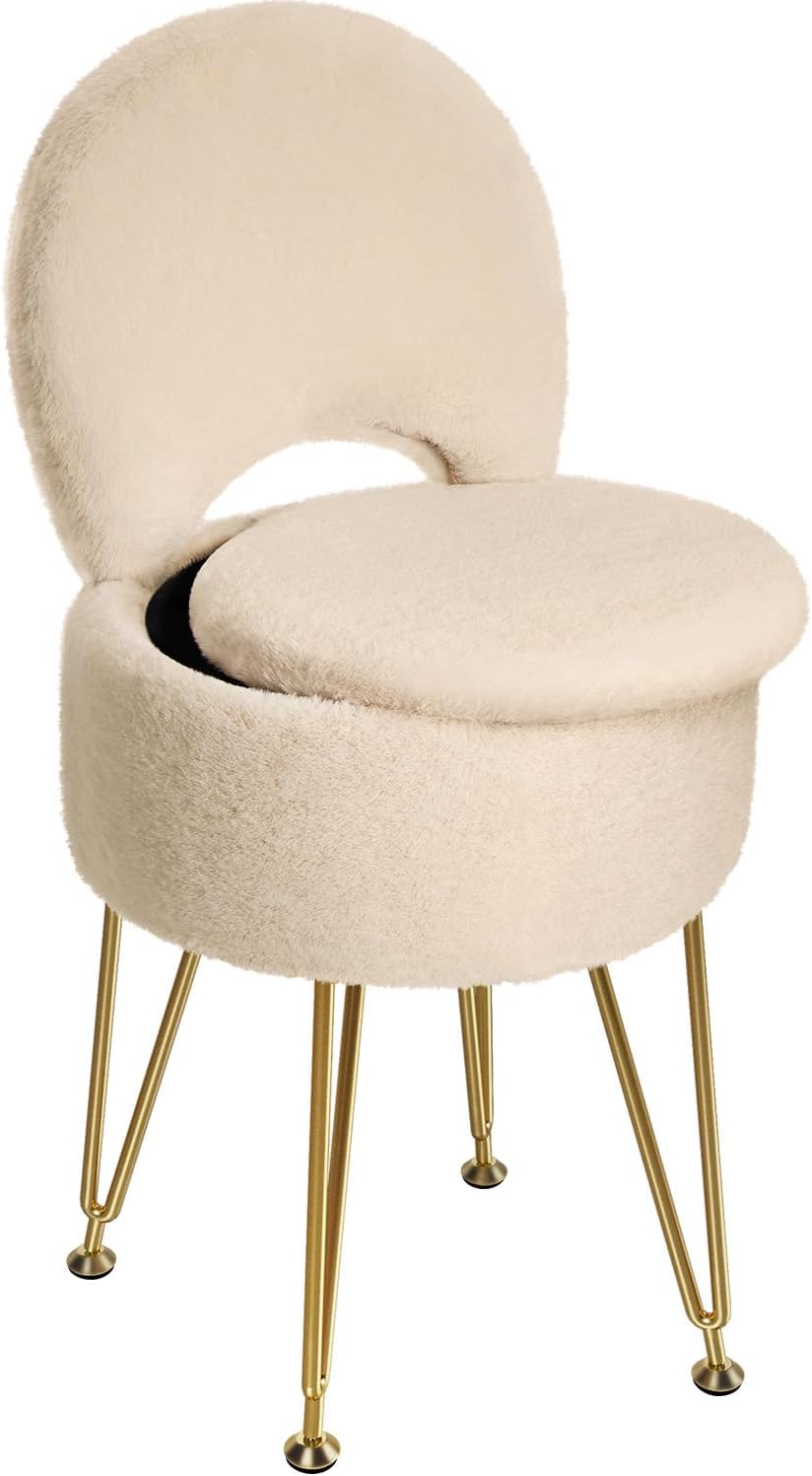 GREENSTELL Small Vanity Stool Chair with Storage and Folding Back