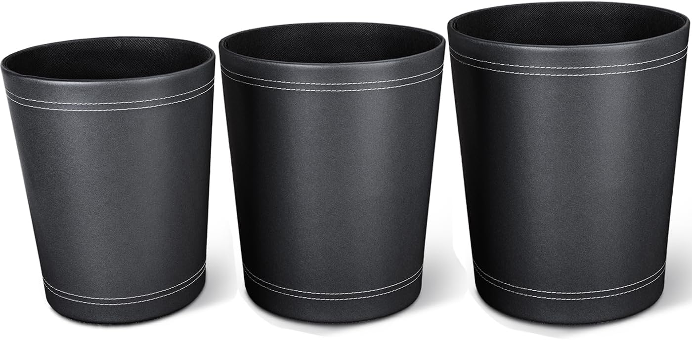 KINGFOM PU Leather Small Office Trash Can Wastebasket Set
