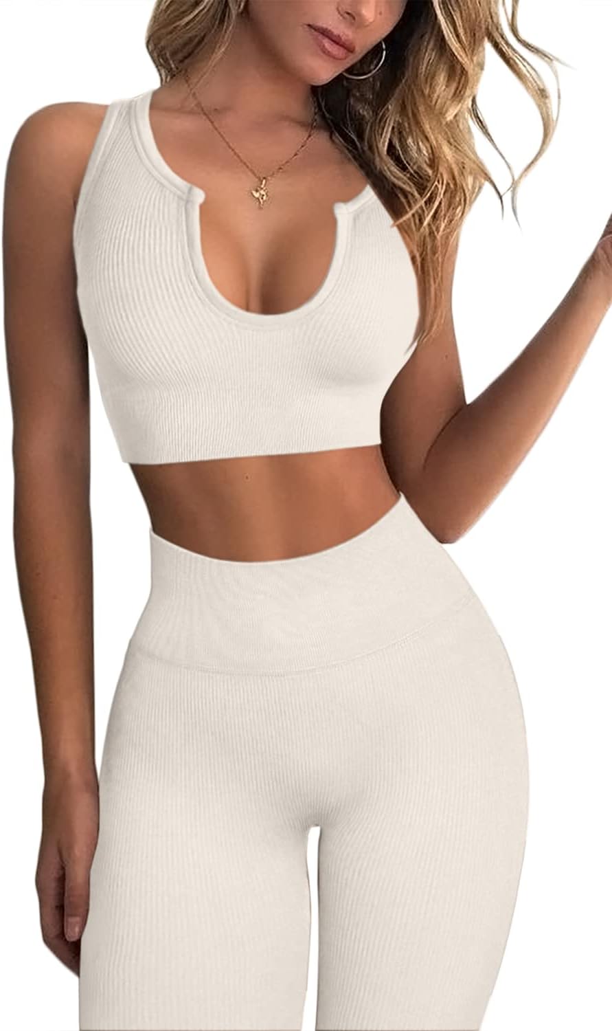 QINSEN Workout Outfits for Women: Ribbed Seamless Yoga Set