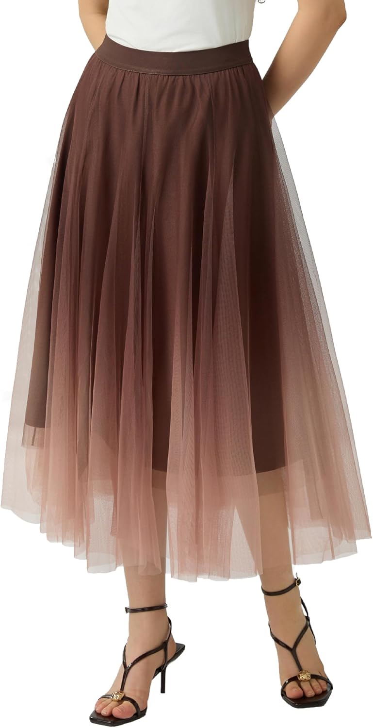 Womens Tulle Skirts Midi Elastic High Waist Pleated Mesh Flowy