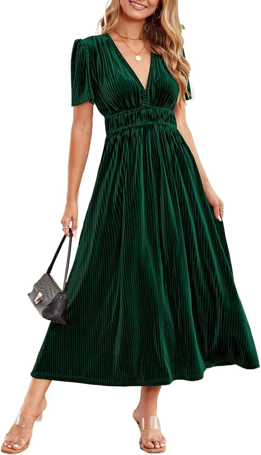 Sissyaki Women's Retro V-Neck Velvet Maxi Dress for Parties