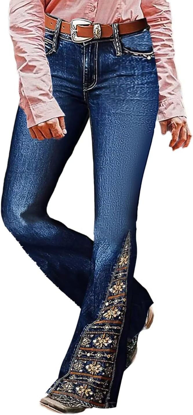 Flamingals Women's Floral Embroidery Mid Waist Bootcut Jeans