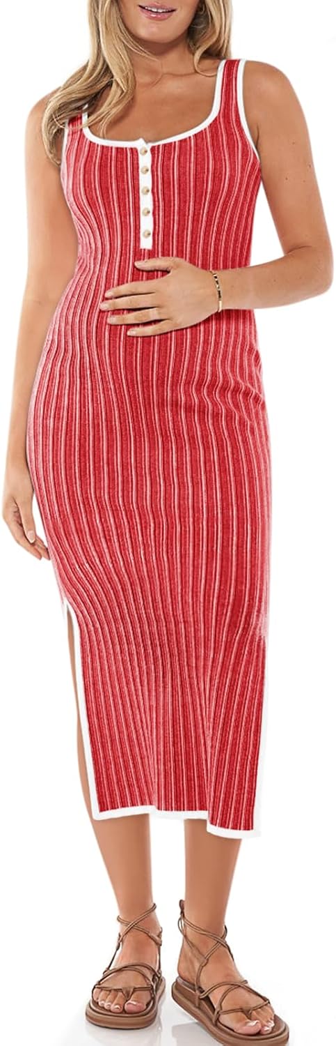 Summer Maternity Dress Rib Knit Sleeveless Button Bodycon Style