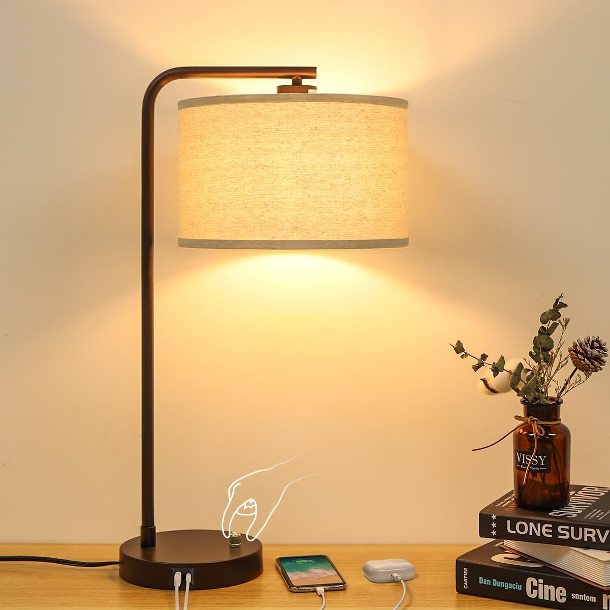 Modern USB Side Table Lamp - Dimmable & Convenient Charging Ports!