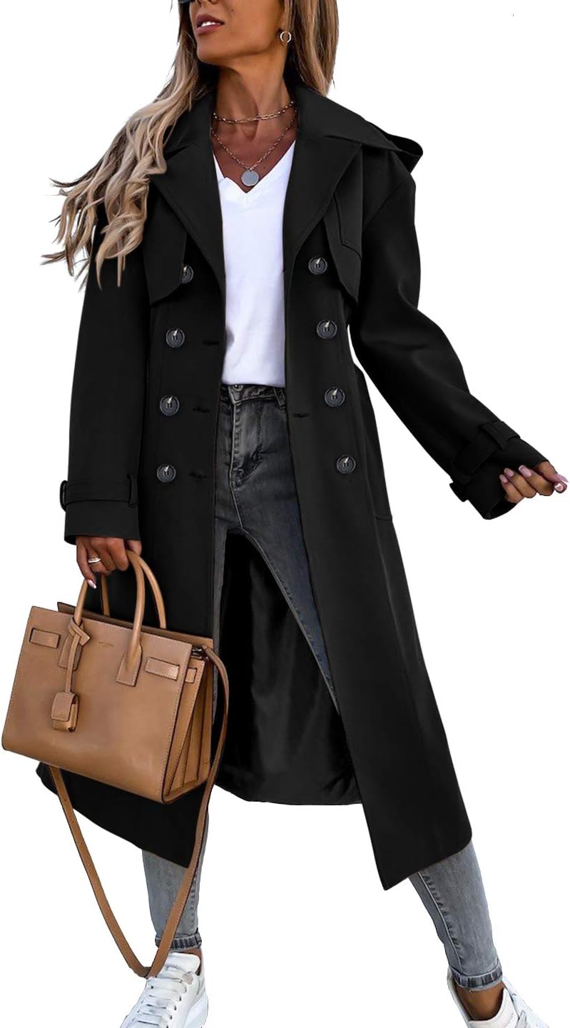 Fisoew Women's Double Breasted Long Trench Coat for Autumn Style