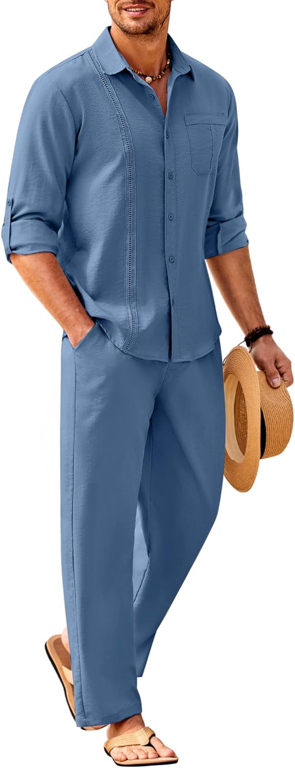 COOFANDY Mens Linen Sets for Summer Beach Outfits and Vacations