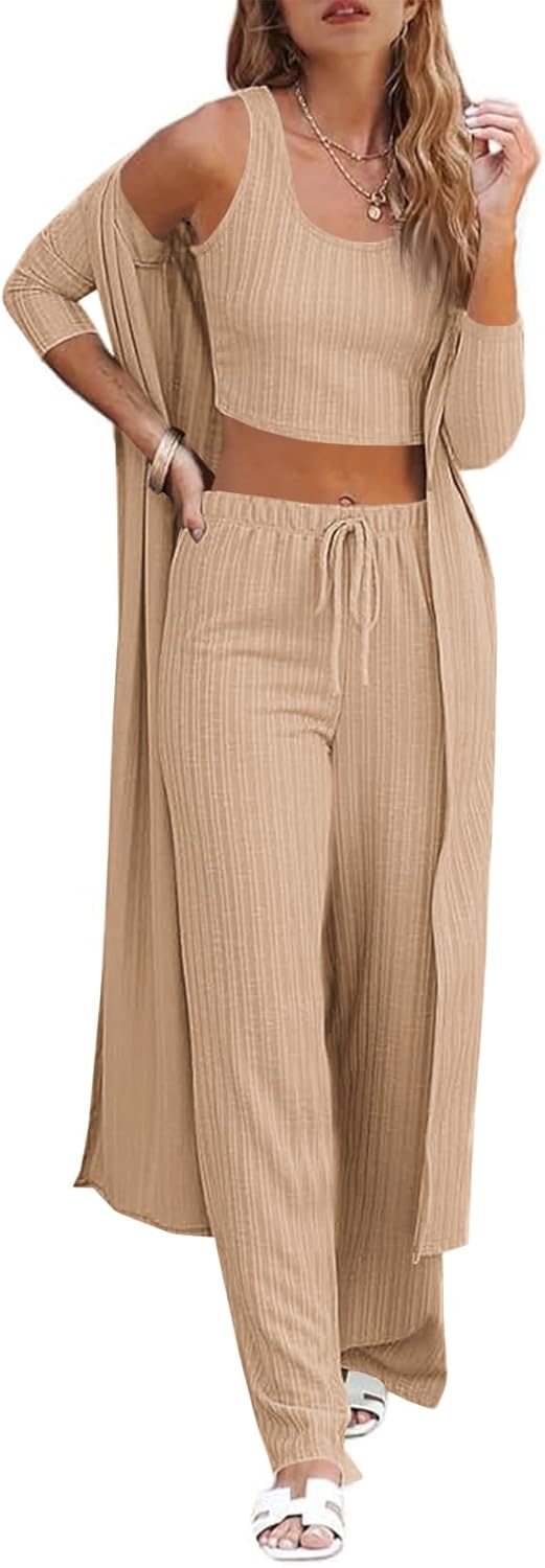 Womens 3 Piece Lounge Sets Pajamas Knit Long Sleeve Cardigan