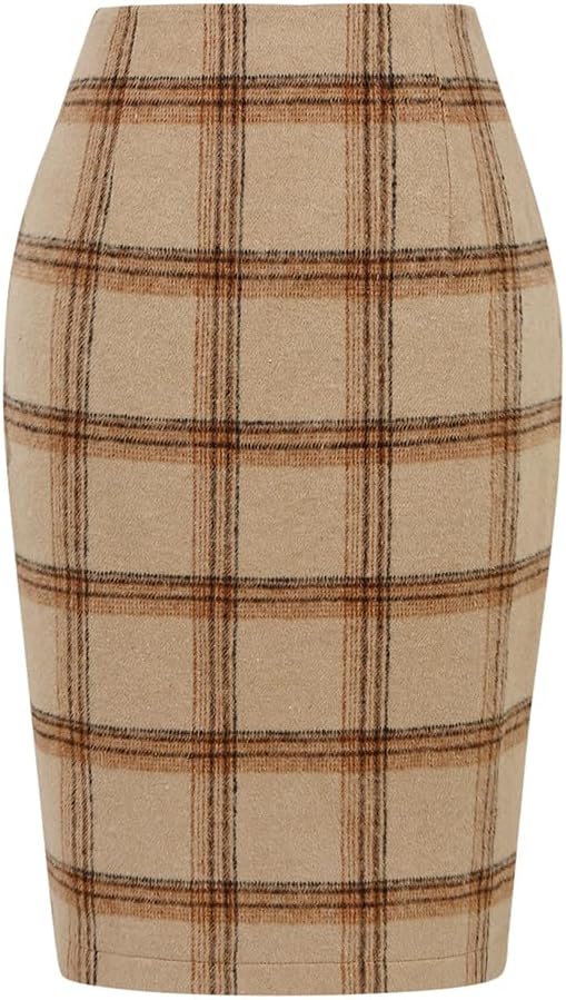Womens Wool Plaid Pencil Skirt High Waisted Bodycon Midi Skirt