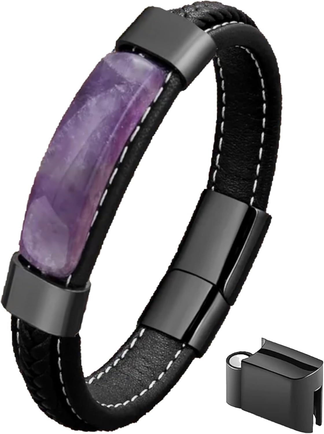 Men's Natural Stone and Black Leather Bracelet for Unique Style
