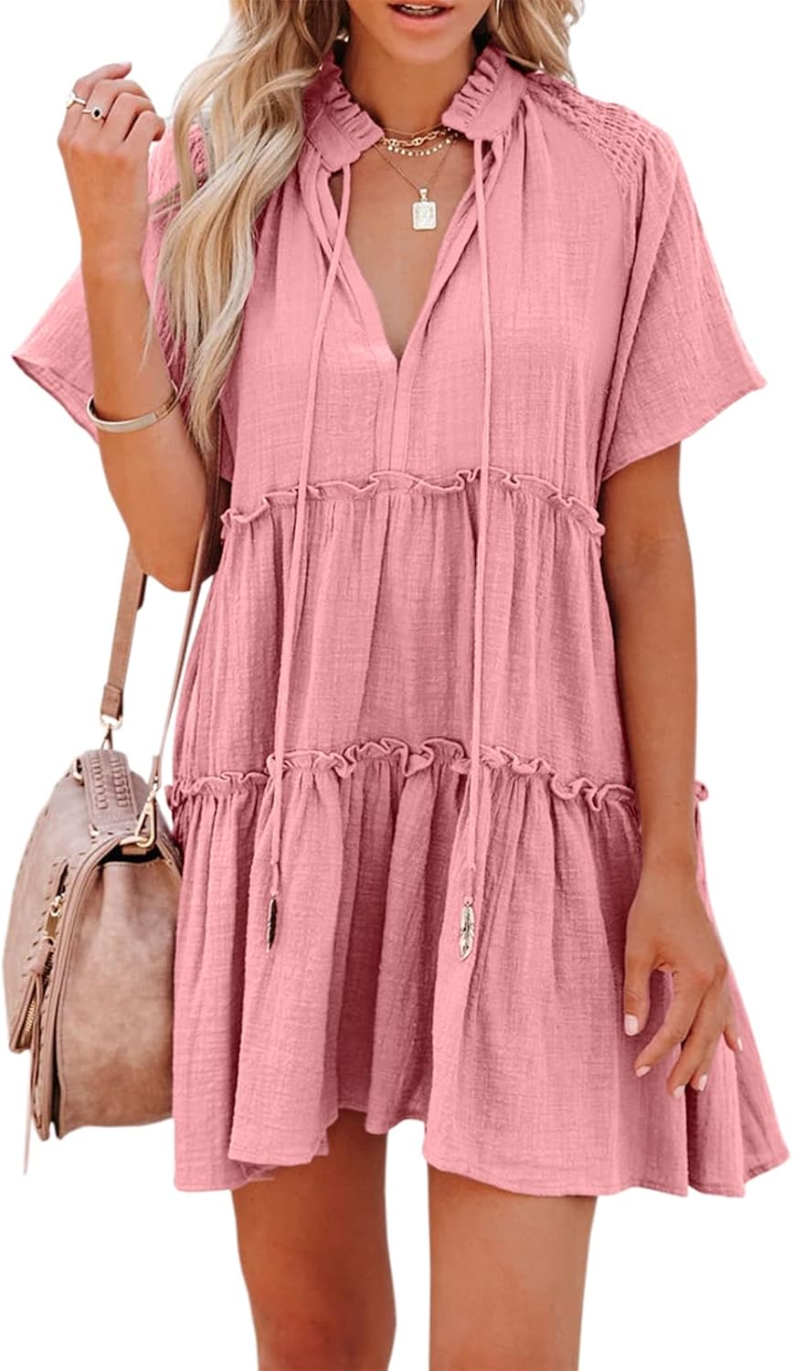 Womens Split V Neck Drawstring Neck Tie Ruffle Tiered Dress