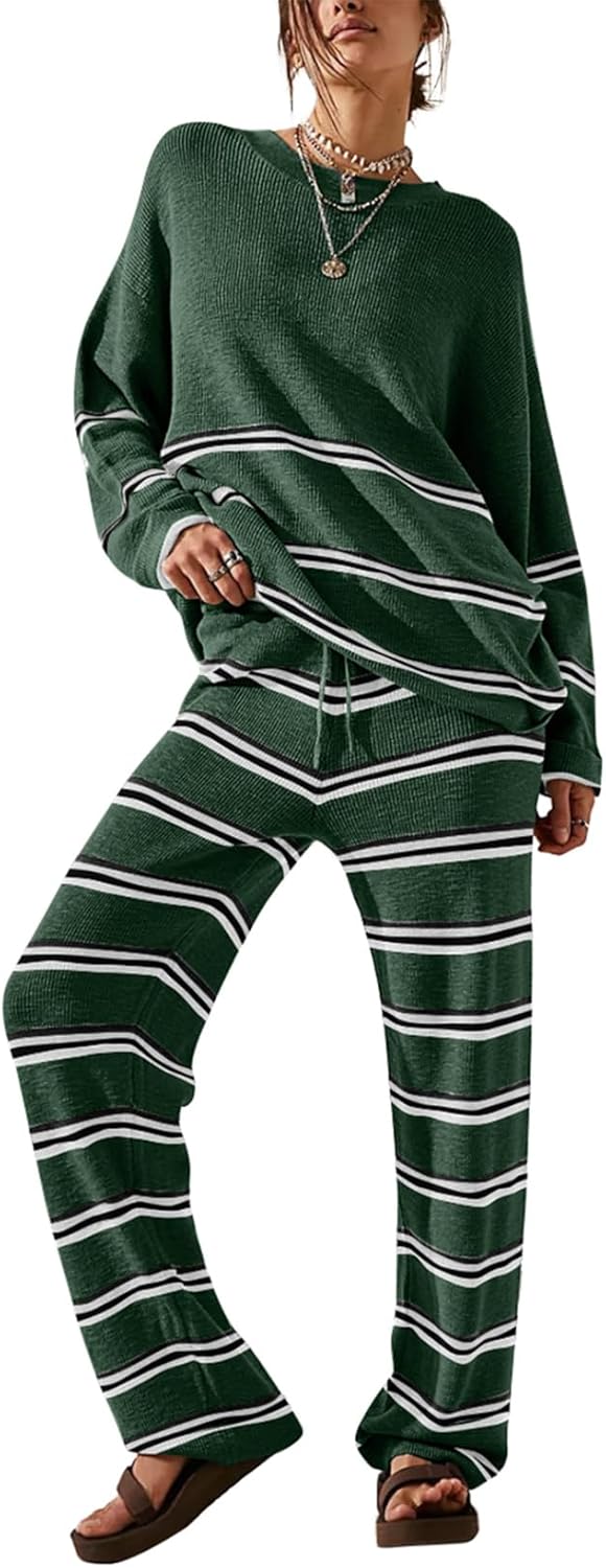 EVALESS 2 Piece Outfits for Women 2024 Striped Knit Sweater Sets