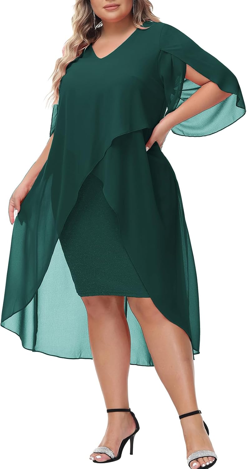Plus Size Chiffon Cocktail Dress with Ruffle 3/4 Sleeve Style