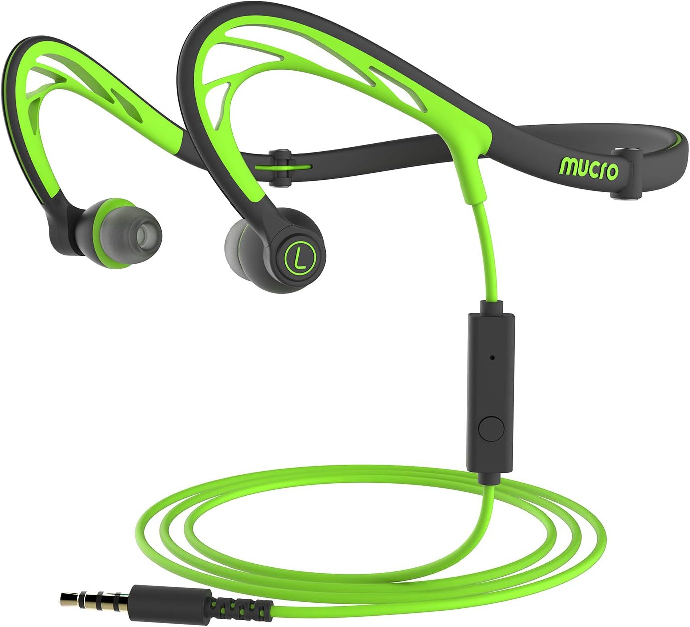 Green Sports Earbuds for Jogging with Microphone by Mucro